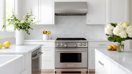 Poster - A modern and sleek kitchen with stainless steel appliances white cabinets and a beautiful marble countertop creating a stylish and functional living space for cooking and entertaining