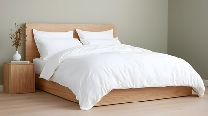 Fototapete - Cozy and calming Scandinavian inspired bedroom with light wood furniture plush white linens and a minimalist contemporary style that creates a peaceful serene