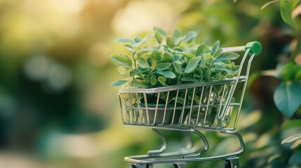 A miniature shopping cart filled with green leaves symbolizes the importance of sustainable living and the purchase of eco-friendly products.