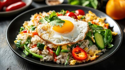 A beautifully arranged plate of Southern Thai-style fried rice,