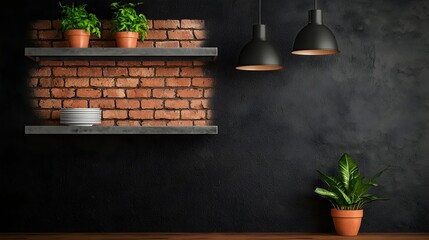 Poster - Stylish and functional industrial inspired kitchen featuring exposed brick walls metal shelving units and hanging pendant lighting for a modern and minimalist aesthetic