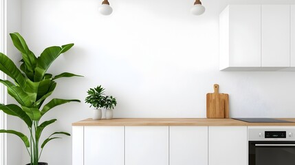 Poster - Minimalist and Sleek Kitchen Design with Clean White Cabinetry and Pops of Natural Greenery for a Serene and Sophisticated Ambiance