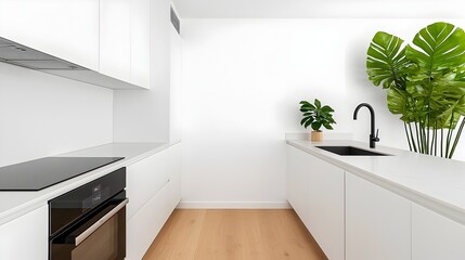 Minimalist kitchen with clean lines pristine white cabinets and a touch of lush greenery accents creating a peaceful and eco friendly living space