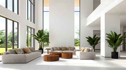 Fototapete - A spacious open plan living room with comfortable seating decorative pillows and floor to ceiling windows that allow for an abundance of natural light and a serene inviting atmosphere