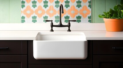 Poster - Stunning kitchen design featuring dark cabinets a farmhouse style sink and a vibrant eye catching backsplash creating a harmonious and inviting atmosphere for cooking and dining