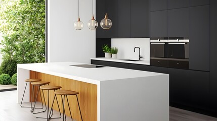 Poster - Beautifully designed contemporary kitchen with a central island comfortable bar stools and sophisticated pendant lighting that creates a warm and inviting atmosphere