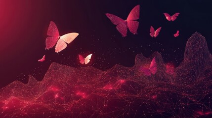 Poster - Abstract butterflies fly over digital mountains. Business success concept. Technology innovation metaphor. Futuristic low poly wireframe vector illustration on a dark red background. Way to the top.
