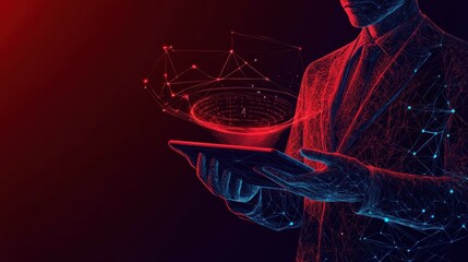 Poster - Abstract close-up businessman holding tablet device with funnel on empty screen. Big data analitics concept. Vector illustration in futuristic low poly wireframe style on dark red background.