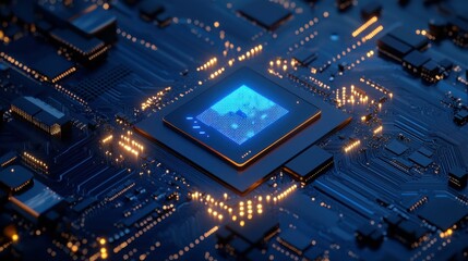Aufkleber - Abstract CPU processor or semiconductor with Power icon with glowing pixels on technology circuit board. AI chip on a motherboard. Technology background. Tech bg in blue.