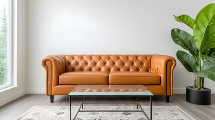 Fototapete - Luxurious and Sophisticated Living Room with Leather Sofa Glass Coffee Table and Large Area Rug  A Harmonious and Tranquil Interior Design Showcasing Minimalist Elegance