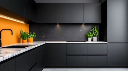 Poster - Sleek and Sophisticated Modern Kitchen Design Featuring Black Cabinetry Marble Countertops and Stylish Under Cabinet Lighting That Creates a Bright Elegant and Functional Culinary Space
