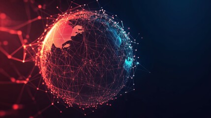 Poster - Abstract digital 3D blockchain icon on technology globe Earth background. Hologram of linked blocks in space in low poly wireframe futuristic style. Modern red polygonal vector illustration.