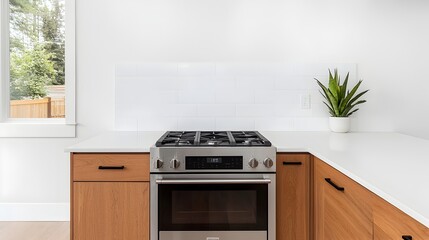 Poster - Minimalist kitchen interior featuring clean lines white backsplash and stainless steel appliances creating a contemporary and elegant living space