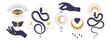 © SpicyTruffel - Mystic logo. Eye, female hand hold sun and snake icon, boho tarot moon in esoteric lines. Spiritual woman occult mystery symbols collection. Vector simple art bohemian style isolated elements