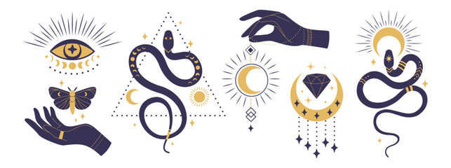 Wall Mural - mystic logo. eye, female hand hold sun and snake icon, boho tarot moon in esoteric lines. spiritual 