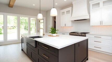 Poster - Expansive modern kitchen featuring a large central island hanging pendant lighting and high end integrated appliances showcasing a clean and sophisticated interior design