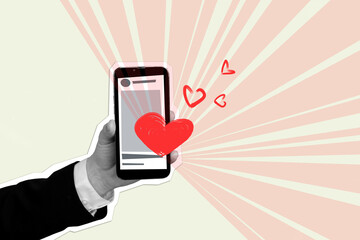 Leinwandbilder - Collage template social media for dating online receive likes red heart notification network phone display isolated on beige background