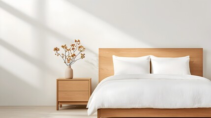 Fototapete - A serene and inviting minimalist bedroom sanctuary featuring warm wooden furniture abundant natural light and a clean harmonious design aesthetic that promotes relaxation and rejuvenation
