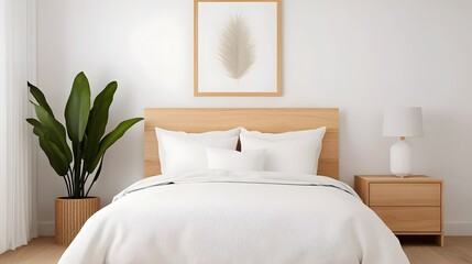 Poster - A tranquil and inviting minimalist bedroom design featuring natural wooden furnishings abundant natural light and a calming serene atmosphere perfect for rest and relaxation