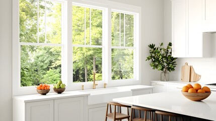 Aufkleber - Bright and spacious modern kitchen interior with large windows a central island with barstools and decorative fruit bowls on the countertop