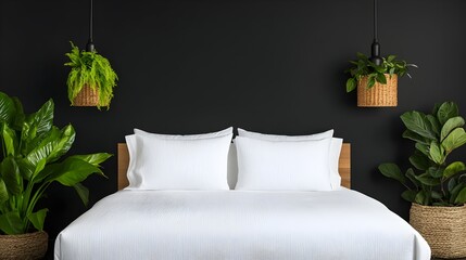 Poster - A beautifully designed dark bedroom with modern industrial lighting fixtures and sleek white bedding creating a cozy and sophisticated ambiance