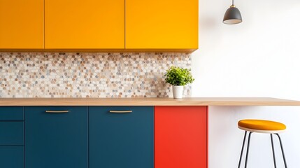 Poster - Stylish and Functional Modern Kitchen with Vibrant Color Cabinetry Unique Backsplash and Contemporary Barstools Creating an Inviting and Aesthetic Residential Space