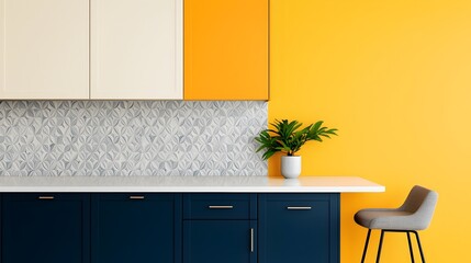 Poster - A modern and visually striking kitchen design featuring bold colored cabinetry a unique and eye catching backsplash and contemporary barstools that create an inviting and sophisticated living space