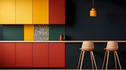 Poster - Stunning contemporary kitchen design featuring bold colored cabinetry a unique backsplash and sleek sophisticated barstools creating a stylish and functional living space
