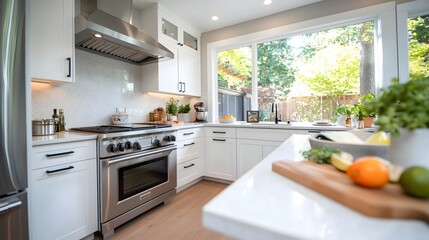 Poster - Elegant and Contemporary Kitchen Design Featuring Stainless Steel Appliances White Cabinets and a Sleek Marble Countertop for a Sophisticated and Functional Living Space