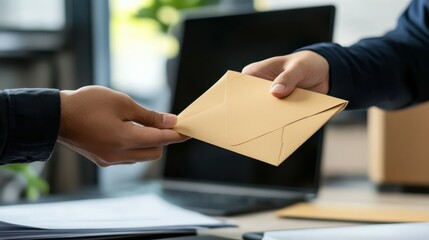 Poster - Employee receiving envelope with salary from boss in office, closeup