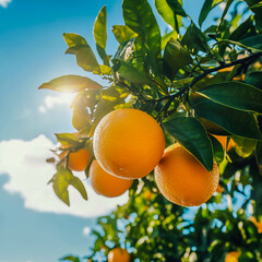 Close-up view of ripe oranges on a tree branch copy