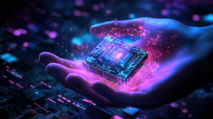 Aufkleber - Abstract digital semiconductor hologram in technology hand. Humanoid hand holding computer chip. AI innovation concept. Tech bg. Artificial Intelligence Science background.