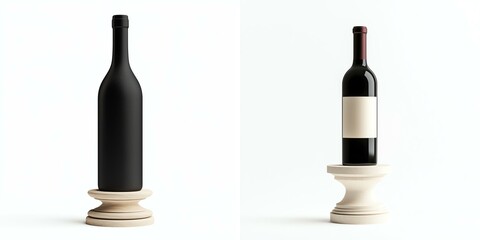 Two stylish wine bottles on a podium, one matte black and one with a label, isolated on white background.