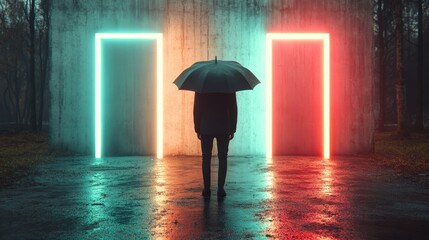 A person stands under an umbrella facing two brightly lit neon doors in a mysterious outdoor setting, suggesting choices or paths, with reflections on wet ground.