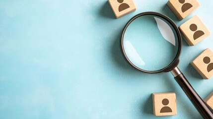 Poster - Magnifying Glass Over Wooden Cubes on Blue Background