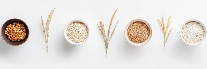 Poster - Various grains, including oats, rice, and corn, are elegantly arranged in bowls, enhancing the clean, minimalist aesthetic of the setting. Generative AI