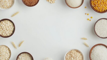 Poster - Various grains such as oats, rice, and corn are elegantly arranged in bowls, highlighting their natural textures and colors. Generative AI