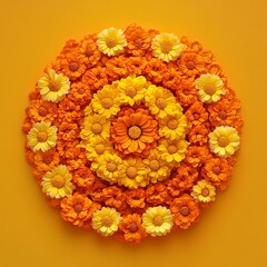 Onam Pookalam, A traditional flowers decoration to celebrate onam festival in kerala. Onam Pookalam, Flower rangoli for Diwali or Pongal made using marigold or zendu flowers. top view,generative ai