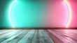 © Maximages  - A vibrant scene with colorful neon lights reflecting off the wooden floor, creating a dynamic and modern atmosphere in an otherwise empty room interior design.