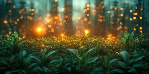 Green sprouts and golden lights on a green background. Nature, ecology, environmental protection