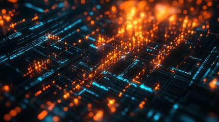Poster - Abstract Technological Background with Glowing Orange and Blue Lights, Futuristic Data Visualization Concept, Sci-Fi Digital Grid Network, High-Tech Energy Pattern,