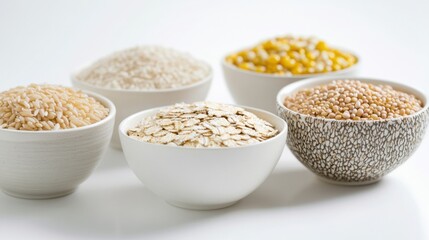 Poster - Various grains like oats, rice, and corn are displayed in stylish bowls on a clean white background, highlighting their textures and colors. Generative AI
