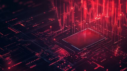 Aufkleber - AI chip and stock market candlesticks in low poly wireframe tech red. Stock market and artificial intelligence background. Forex and trade and AI microchip or processor bg.