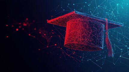 Aufkleber - AI education or machine learning background. Abstract digital tech bg. AI chip and graduate hat in red with light neon effects. Artificial Intelligence concept. Low poly wireframe vector