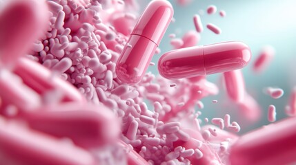 Capsules of medicine floating amidst a pink background, creating a surreal visual effect that emphasizes concepts of health, science, and pharmaceutical innovation.