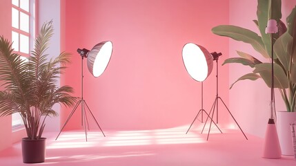 a photography studio set up with two lights and a pink backdrop.