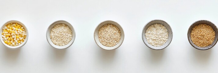 Poster - Stylish bowls containing oats, rice, and corn are neatly arranged on a clean white surface, highlighting their natural textures and colors. Generative AI