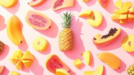 Poster - Tropical fruits like pineapple, mango, and papaya are artfully arranged on a vivid pink background, creating a fresh, colorful feast. Generative AI