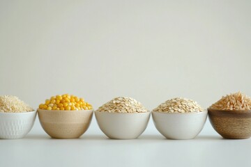 Poster - A display of different grains like oats, rice, and corn arranged in attractive bowls on a simple white background. Generative AI