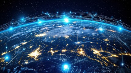 Poster - global network concept, information technology and telecommunication, planet Earth from space, business communication worldwide